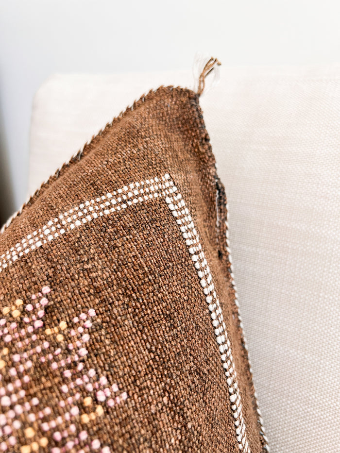 Artisanal Handmade Moroccan embroidered cactus silk sabra pillow brown handwoven