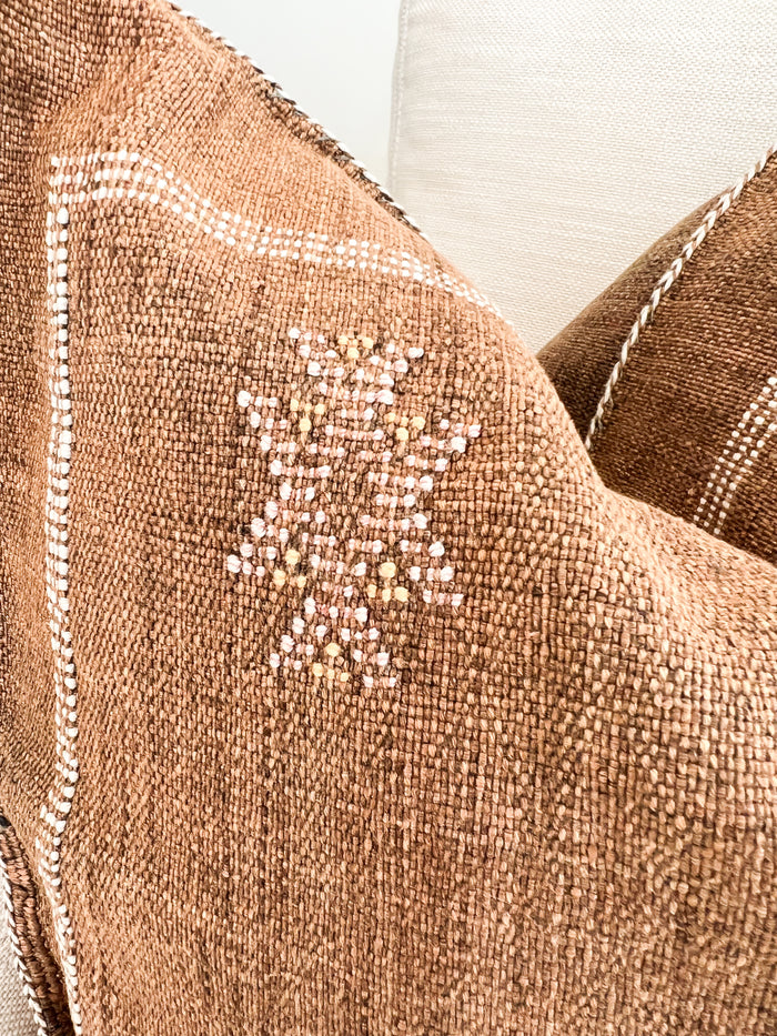 Artisanal Handmade Moroccan embroidered cactus silk sabra pillow brown handwoven