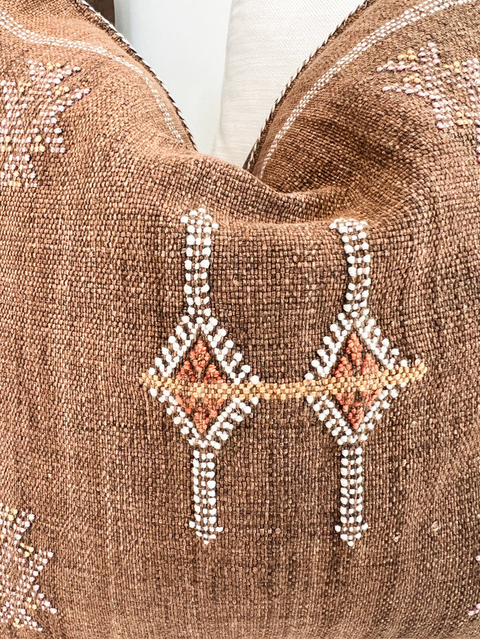 Artisanal Handmade Moroccan embroidered cactus silk sabra pillow brown handwoven