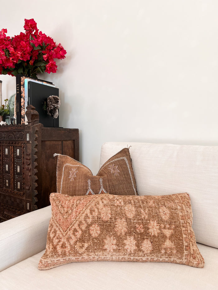Artisanal Handmade Moroccan embroidered cactus silk sabra pillow brown handwoven