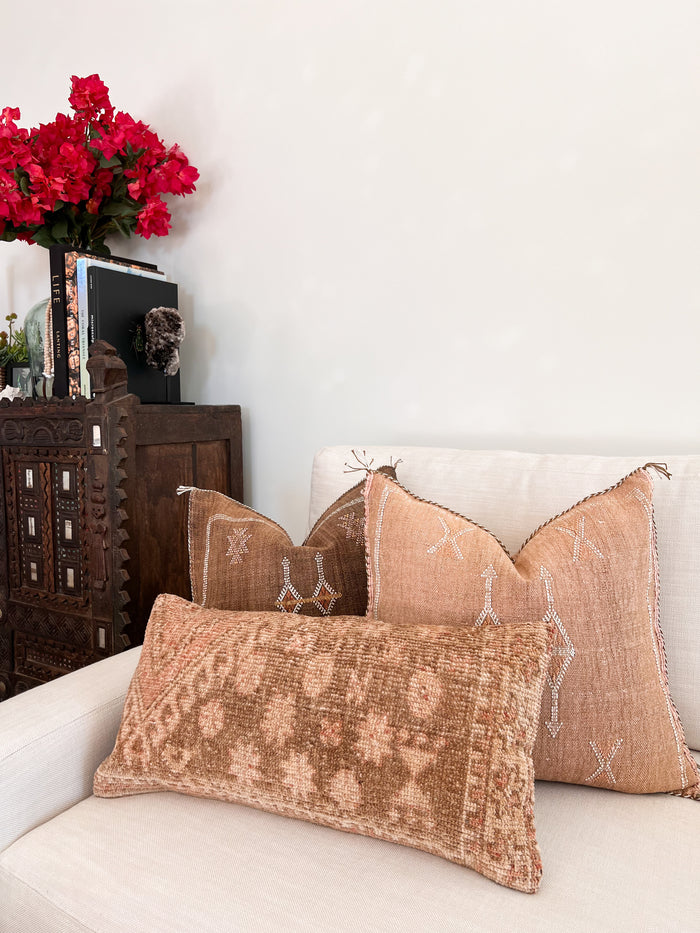Artisanal Handmade Moroccan embroidered cactus silk sabra pillow brown handwoven