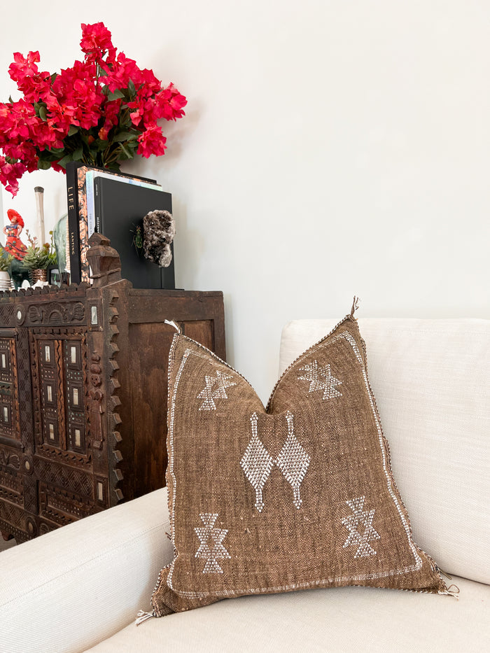 Artisanal Handmade Moroccan embroidered cactus silk sabra pillow brown handwoven
