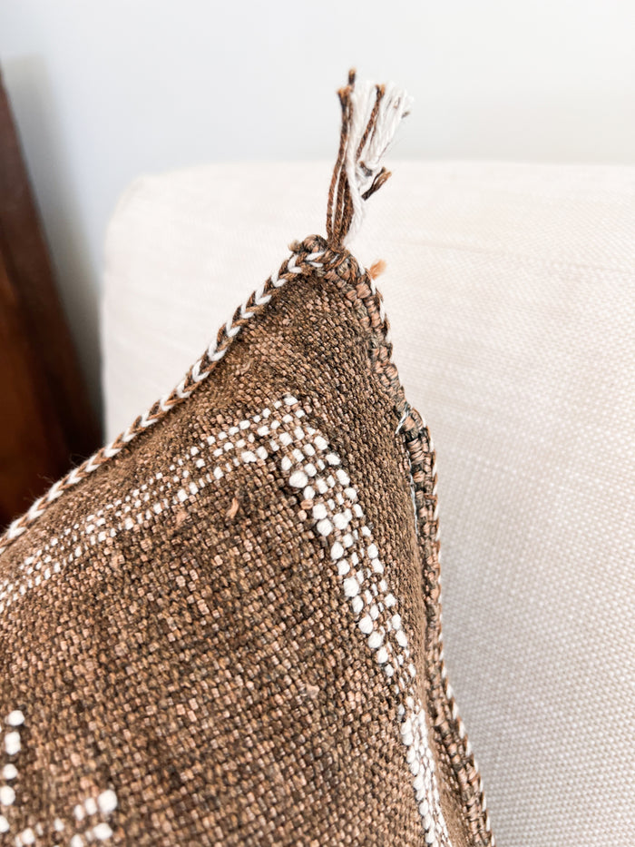 Artisanal Handmade Moroccan embroidered cactus silk sabra pillow brown handwoven