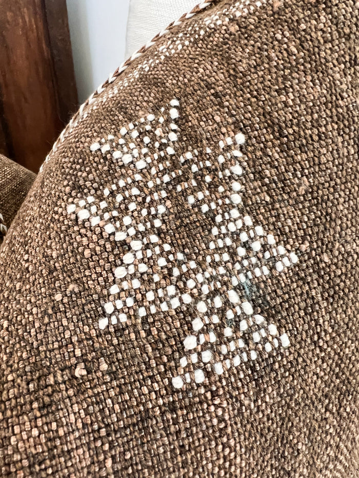 Artisanal Handmade Moroccan embroidered cactus silk sabra pillow brown handwoven