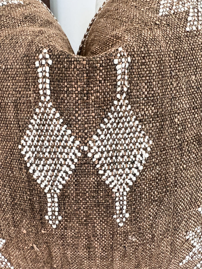 Artisanal Handmade Moroccan embroidered cactus silk sabra pillow brown handwoven