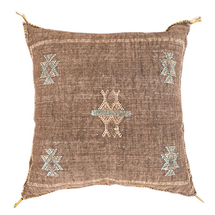 Artisanal Handmade Moroccan embroidered cactus silk sabra pillow brown handwoven