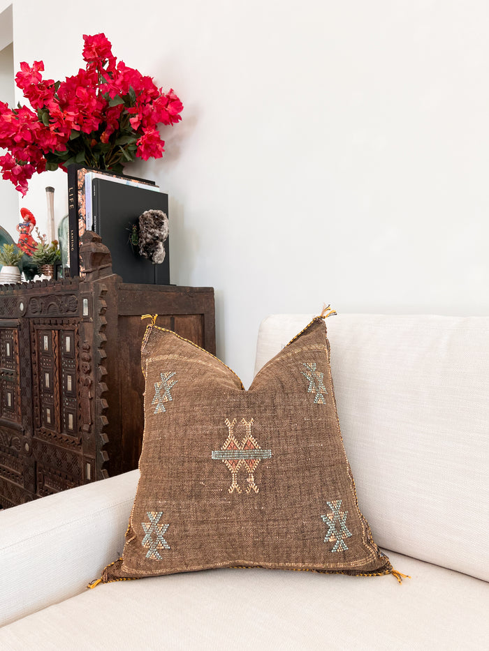 Artisanal Handmade Moroccan embroidered cactus silk sabra pillow brown handwoven