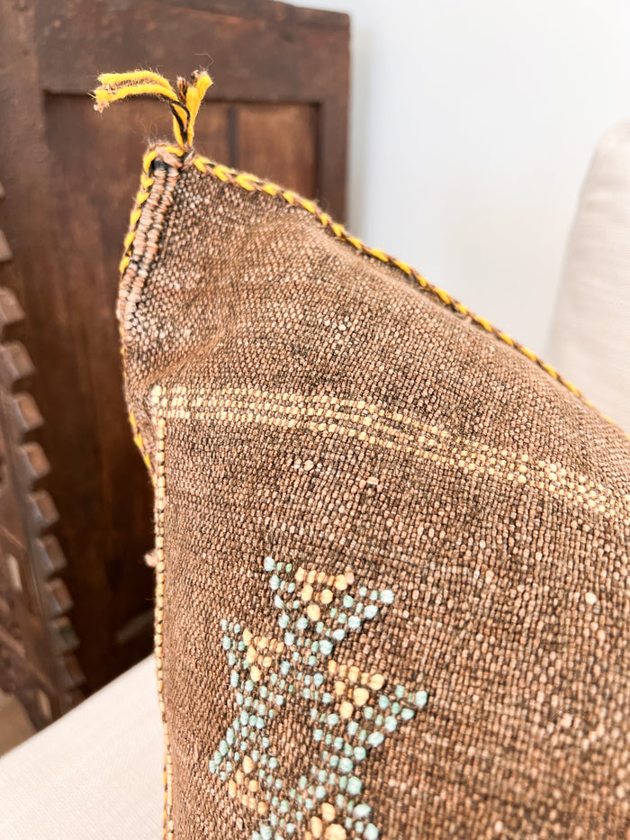 Artisanal Handmade Moroccan embroidered cactus silk sabra pillow brown handwoven