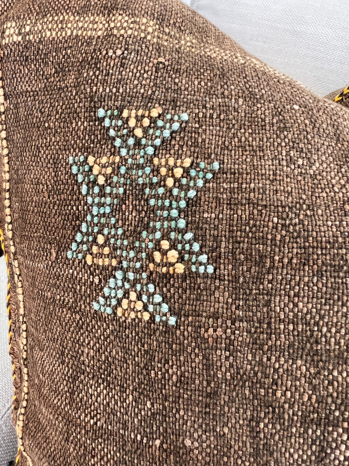 Artisanal Handmade Moroccan embroidered cactus silk sabra pillow brown handwoven