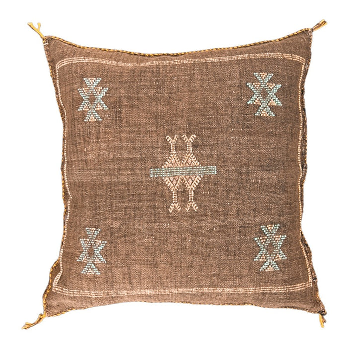 Artisanal Handmade Moroccan embroidered cactus silk sabra pillow brown handwoven