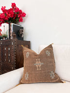 Artisanal Handmade Moroccan embroidered cactus silk sabra pillow brown handwoven