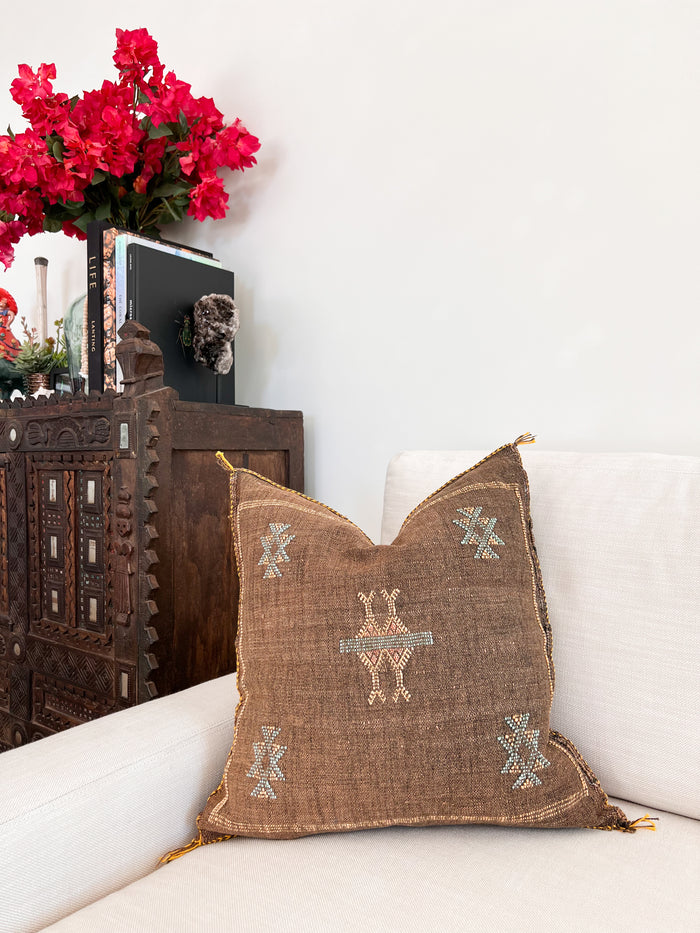 Artisanal Handmade Moroccan embroidered cactus silk sabra pillow brown handwoven