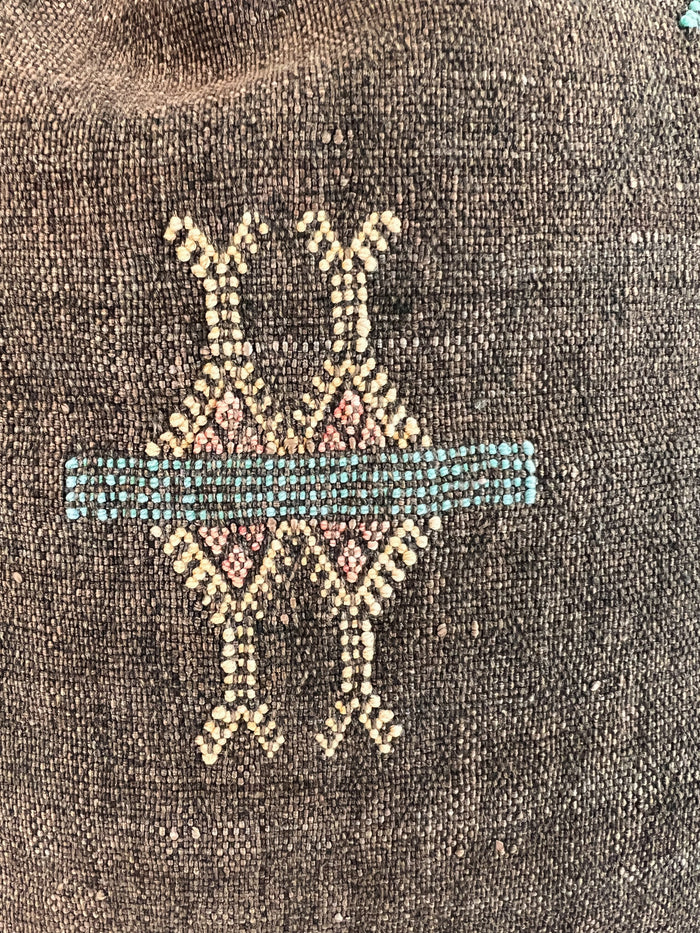 Artisanal Handmade Moroccan embroidered cactus silk sabra pillow brown handwoven