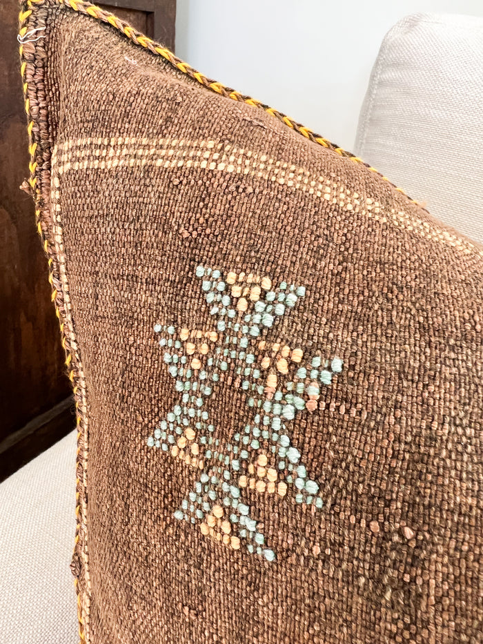 Artisanal Handmade Moroccan embroidered cactus silk sabra pillow brown handwoven