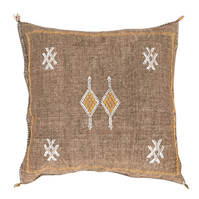 Artisanal Handmade Moroccan embroidered cactus silk sabra pillow brown handwoven