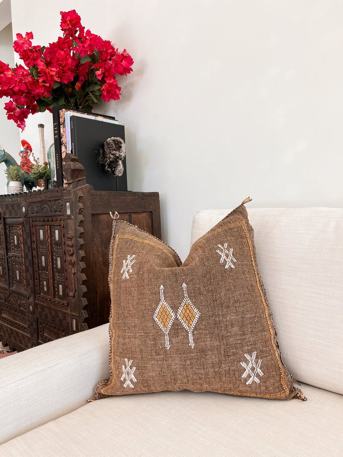Artisanal Handmade Moroccan embroidered cactus silk sabra pillow brown handwoven