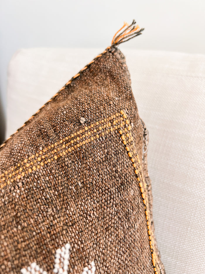 Artisanal Handmade Moroccan embroidered cactus silk sabra pillow brown handwoven