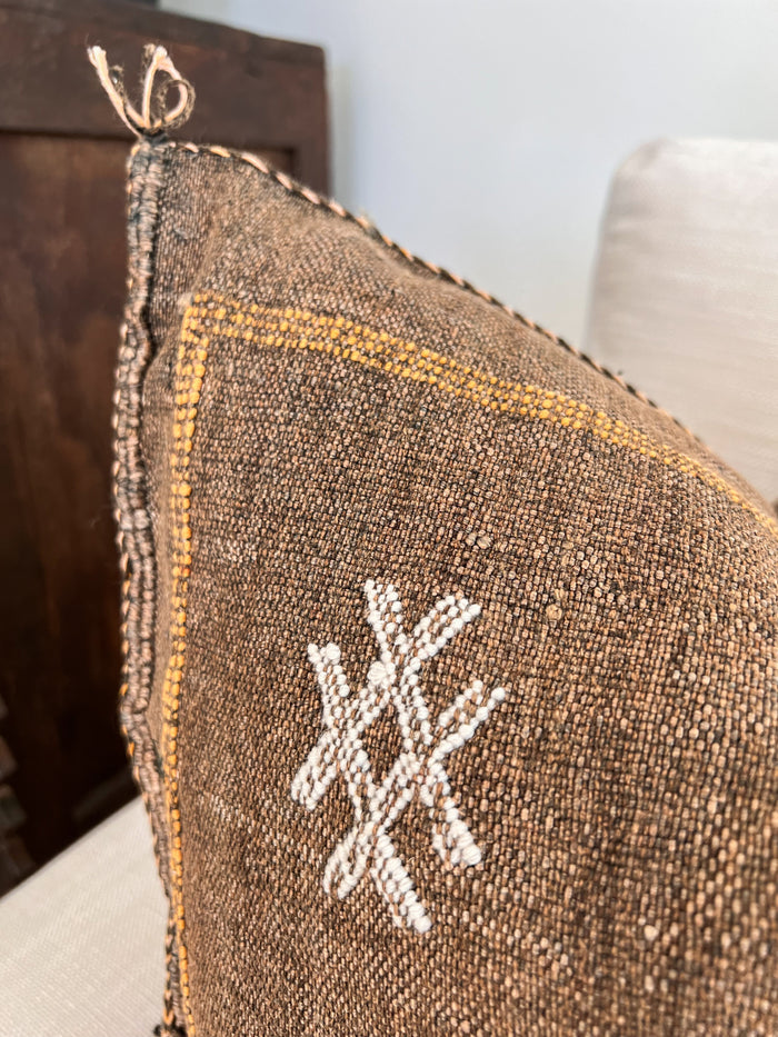 Artisanal Handmade Moroccan embroidered cactus silk sabra pillow brown handwoven