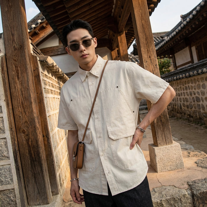 Chemise streetwear à rayures, manches courtes, coupe ample - K-fashion