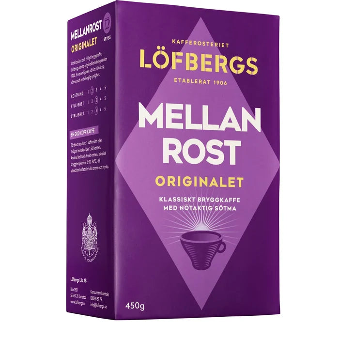 Löfbergs Mellanrost Originalet 450g – classic Swedish medium roast ground coffee with nutty sweetness, established 1906, included in the Swedish Breakfast Box Small