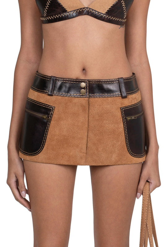 TACTICS Jeffrey Campbell Deconstructed Mini Skirt Tan Suede Brown