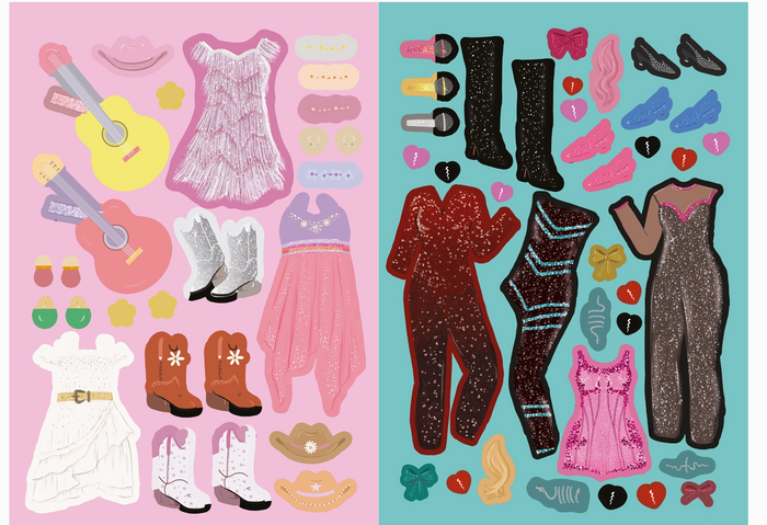 Set of paper dolls with accessories on a pink and blue background