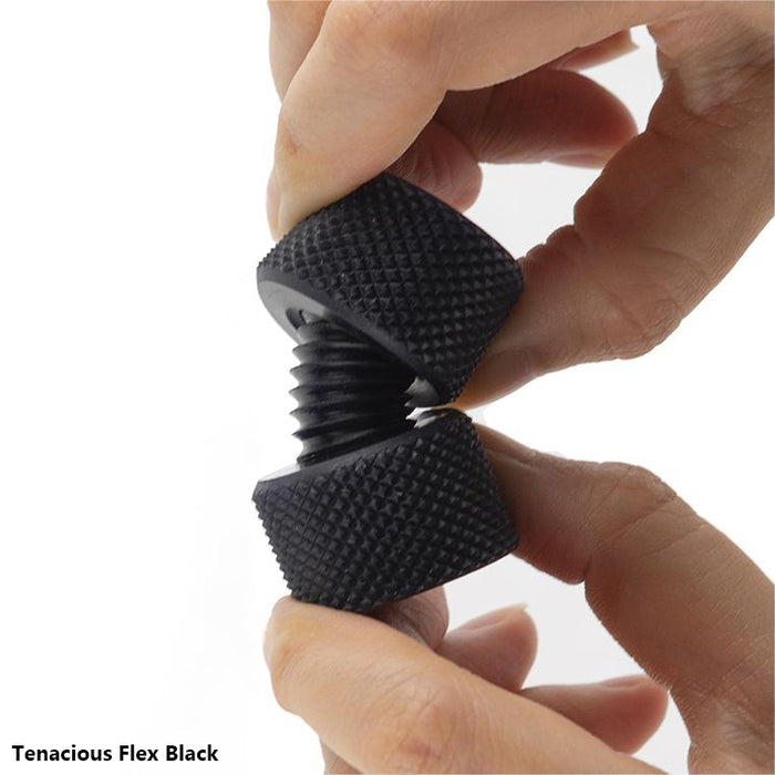 flexible 3D printing resin black knurled bolt and nut parts being pulled apart by hands