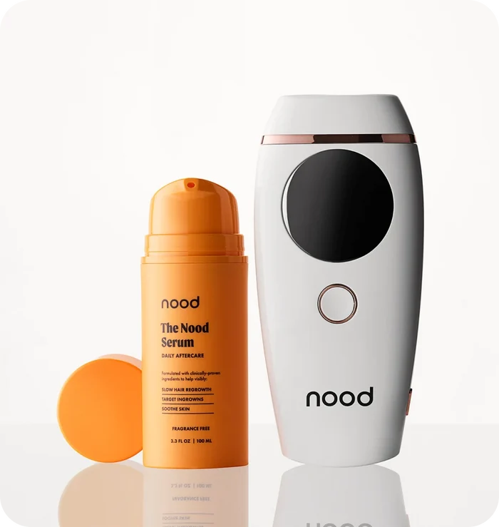 Nood Flasher 2.0 IPL hair removal device and Nood Serum daily aftercare bundle on white background