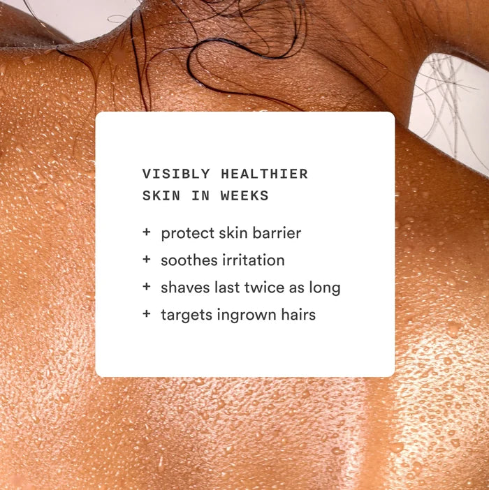 Close-up of skin with Nood Shave Collection lifestyle image showing visibly healthier skin in weeks benefits including protect skin barrier, soothes irritation, shaves last twice as long, and targets ingrown hairs