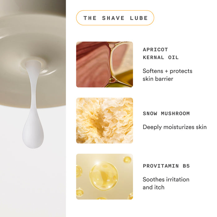Nood Shave Lube ingredient breakdown showing Apricot Kernel Oil for skin barrier, Snow Mushroom for deep moisturization, and Provitamin B5 for soothing irritation and itch
