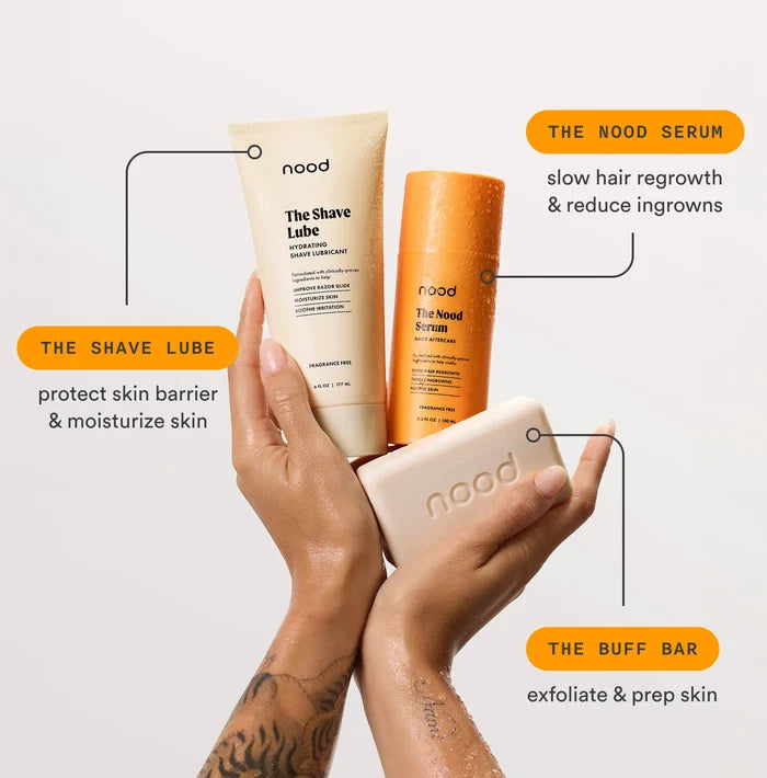 Hands holding Nood Shave Collection with product benefit callouts showing Shave Lube for skin barrier protection, Nood Serum for slowing hair regrowth and reducing ingrowns, and Buff Bar for exfoliating and prepping skin