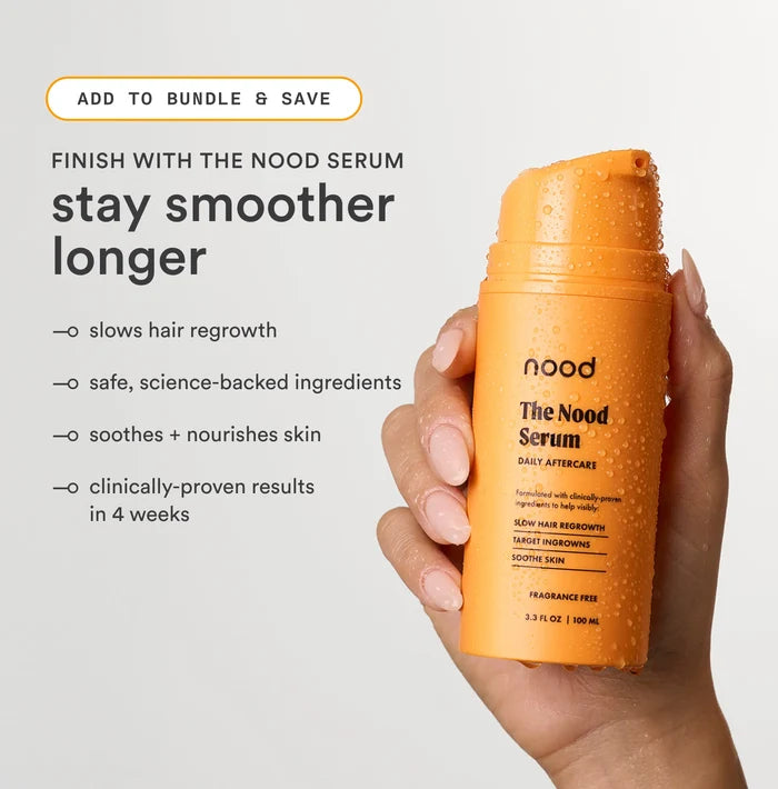 Hand holding Nood Serum daily aftercare bottle with stay smoother longer benefits callout including slows hair regrowth, science-backed ingredients, soothes skin, and clinically proven results in 4 weeks