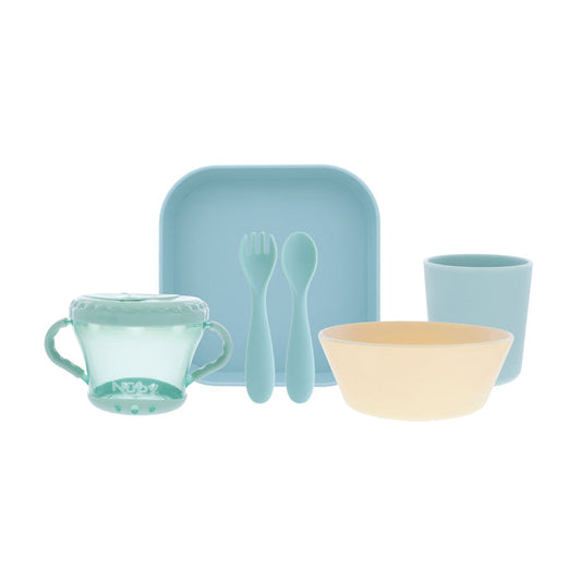 The Nuby Toddler Feeding Set | Muted includes a pastel blue plate, cup, cream bowl, handled sippy cup, and matching fork and spoon—ideal baby dinnerware to promote self-feeding.