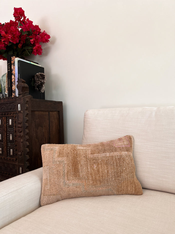 Handmade traditional Turkish oushak pillow cover made with vintage rugs 12x20 beige tan taupe