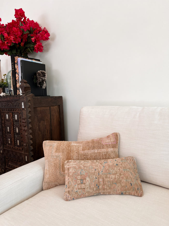 Handmade traditional Turkish oushak pillow cover made with vintage rugs 12x20 beige tan taupe
