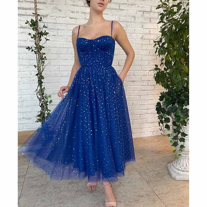 Tulle Prom Dresses Tea Length Spaghetti Straps A Line Pleated Formal Evening Gowns