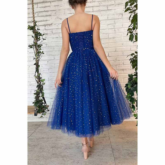 Tulle Prom Dresses Tea Length Spaghetti Straps A Line Pleated Formal Evening Gowns