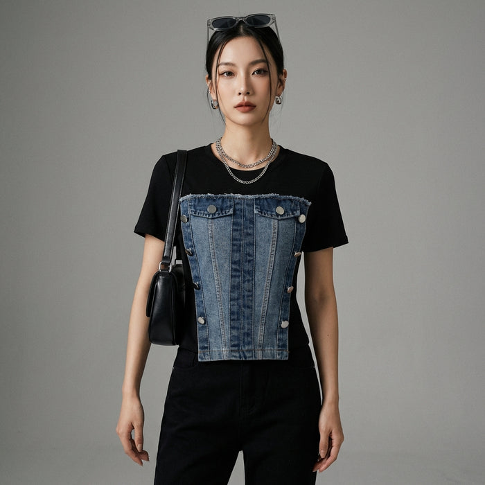 T-shirt effet deux pièces denim femme, mode coréenne streetwear - Taille One Size