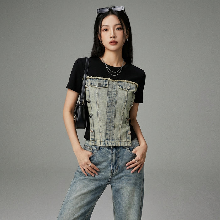 T-shirt effet deux pièces denim femme, mode coréenne streetwear - Taille One Size
