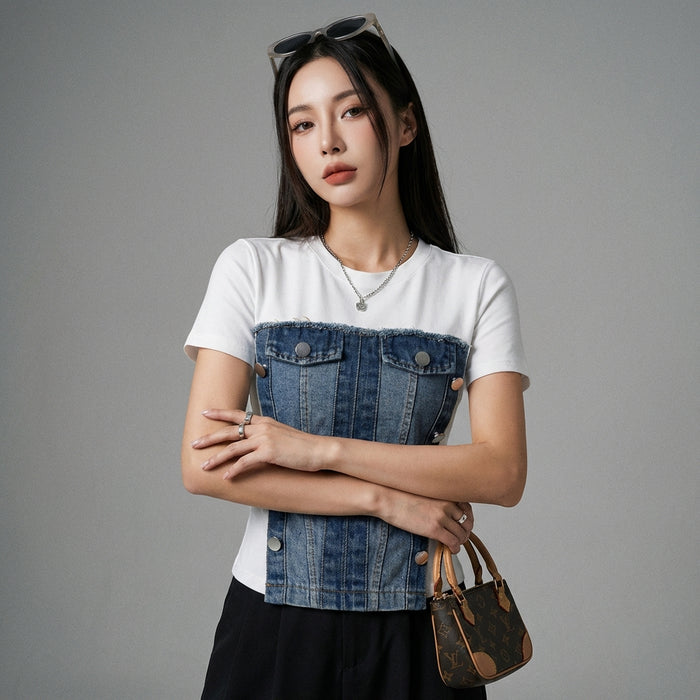 T-shirt effet deux pièces denim femme, mode coréenne streetwear - Taille One Size