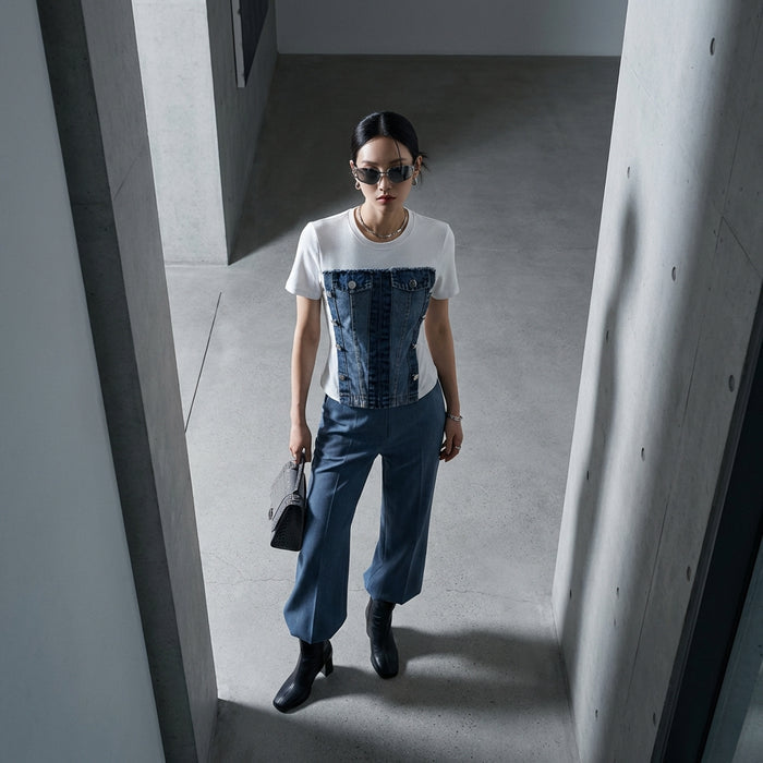 T-shirt effet deux pièces denim femme, mode coréenne streetwear