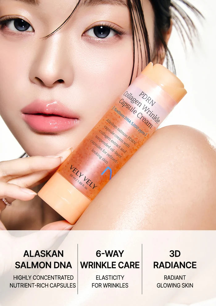 Woman holding a VELY VELY skincare product with text highlighting features.