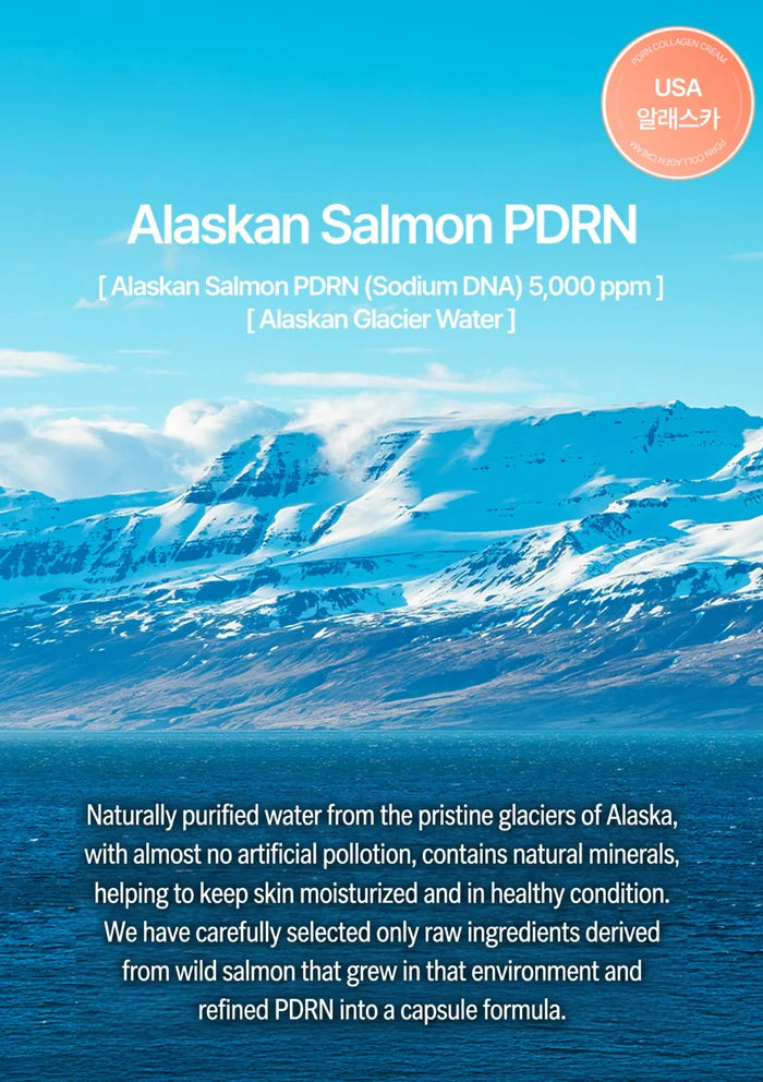 Alaskan Salmon PDRN advertisement with a scenic background of mountains and water.