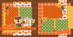 Two-page Welcome Fall scrapbook layout featuring orange plaid paper, brown plaid background, orange polka dots, green polka dots, pumpkin pattern paper, mustard houndstooth, orange pumpkins, fall leaves. Designed for Fall Family Memories, Fall Scrapbook Page Kit, cute squirrel, acorn, welcome fall title, orange brown green palette, layered paper blocks, white outlined die cuts, autumn embellishment clusters.