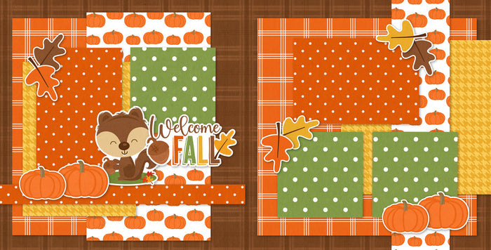 Two-page Welcome Fall scrapbook layout featuring orange plaid paper, brown plaid background, orange polka dots, green polka dots, pumpkin pattern paper, mustard houndstooth, orange pumpkins, fall leaves. Designed for Fall Family Memories, Fall Scrapbook Page Kit, cute squirrel, acorn, welcome fall title, orange brown green palette, layered paper blocks, white outlined die cuts, autumn embellishment clusters.