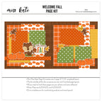 Welcome Fall 12x12 scrapbook page kit shown with brown plaid background, orange polka dots, green polka dots, pumpkin pattern paper, mustard houndstooth, orange pumpkins, fall leaves, cute squirrel. Designed for Fall Scrapbook Page Kit, Autumn Scrapbook Layout Kit, acorn, welcome fall title, orange brown green palette, layered paper blocks, white outlined die cuts, autumn embellishment clusters, orange plaid paper.