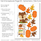 Coordinated Welcome Fall memory-keeping layout with orange polka dots, green polka dots, pumpkin pattern paper, mustard houndstooth, orange pumpkins, fall leaves, cute squirrel, acorn. Designed for Autumn Scrapbook Layout Kit, Pumpkin Scrapbook Page Kit, welcome fall title, orange brown green palette, layered paper blocks, white outlined die cuts, autumn embellishment clusters, orange plaid paper, brown plaid background.