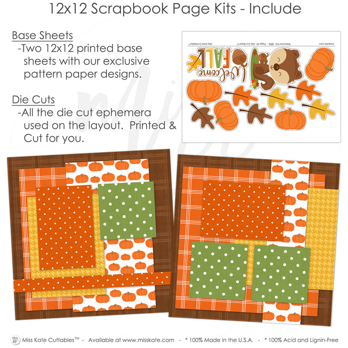 Detailed Welcome Fall scrapbook design featuring green polka dots, pumpkin pattern paper, mustard houndstooth, orange pumpkins, fall leaves, cute squirrel, acorn, welcome fall title. Designed for Pumpkin Scrapbook Page Kit, Fall Family Scrapbook Pages, orange brown green palette, layered paper blocks, white outlined die cuts, autumn embellishment clusters, orange plaid paper, brown plaid background, orange polka dots.