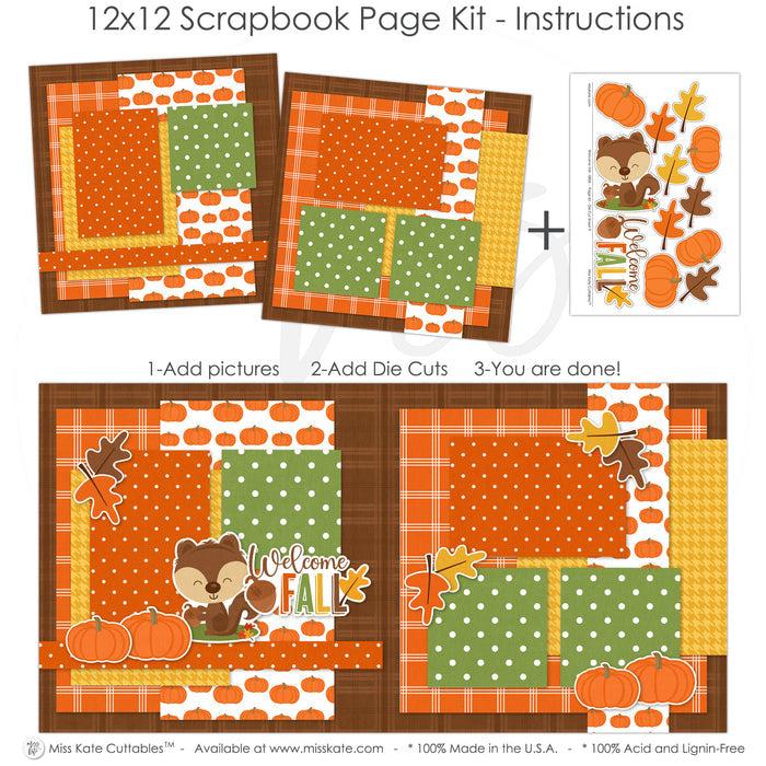 Finished Welcome Fall photo layout showing pumpkin pattern paper, mustard houndstooth, orange pumpkins, fall leaves, cute squirrel, acorn, welcome fall title, orange brown green palette. Designed for Fall Family Scrapbook Pages, Autumn Memory Keeping Kit, layered paper blocks, white outlined die cuts, autumn embellishment clusters, orange plaid paper, brown plaid background, orange polka dots, green polka dots.