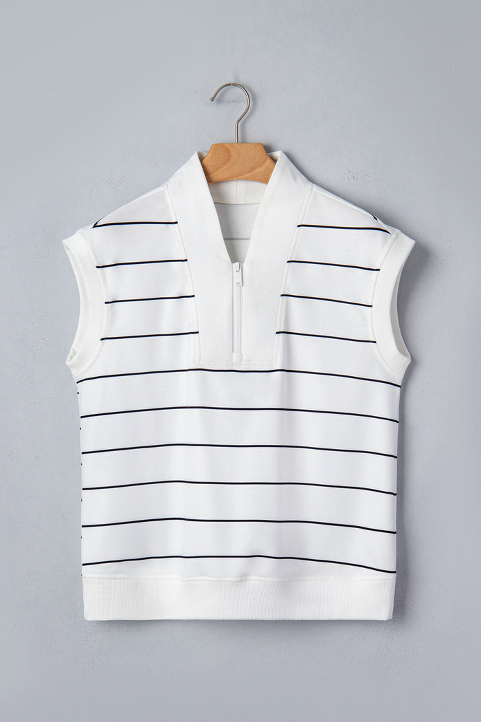 White Stripe Color Block Zip V Neck Sleeveless Top
